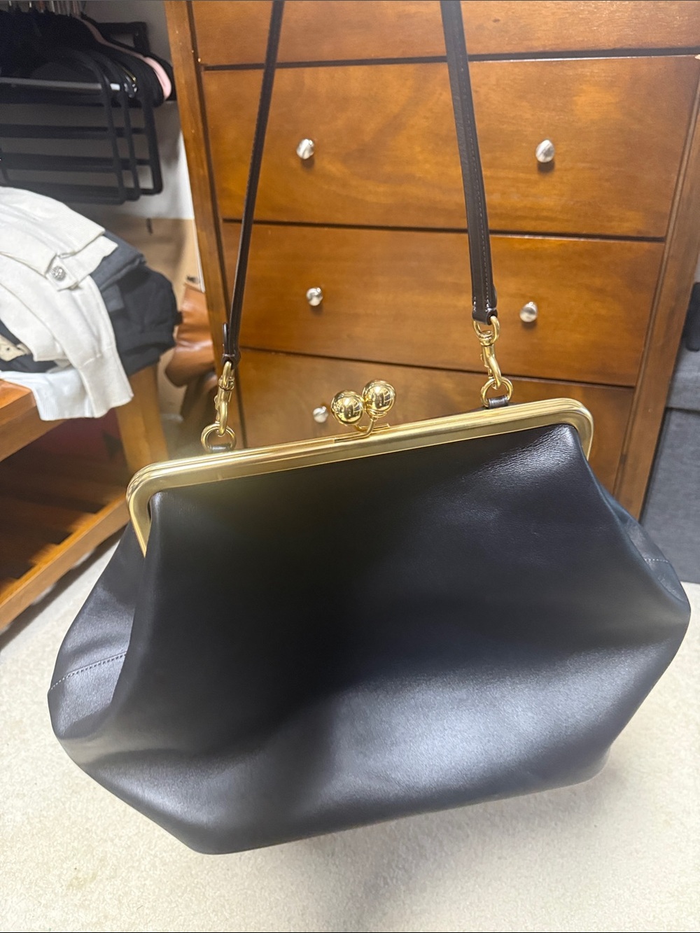 Coach Black Leather Frame-Top Clutch with Gold Hardware